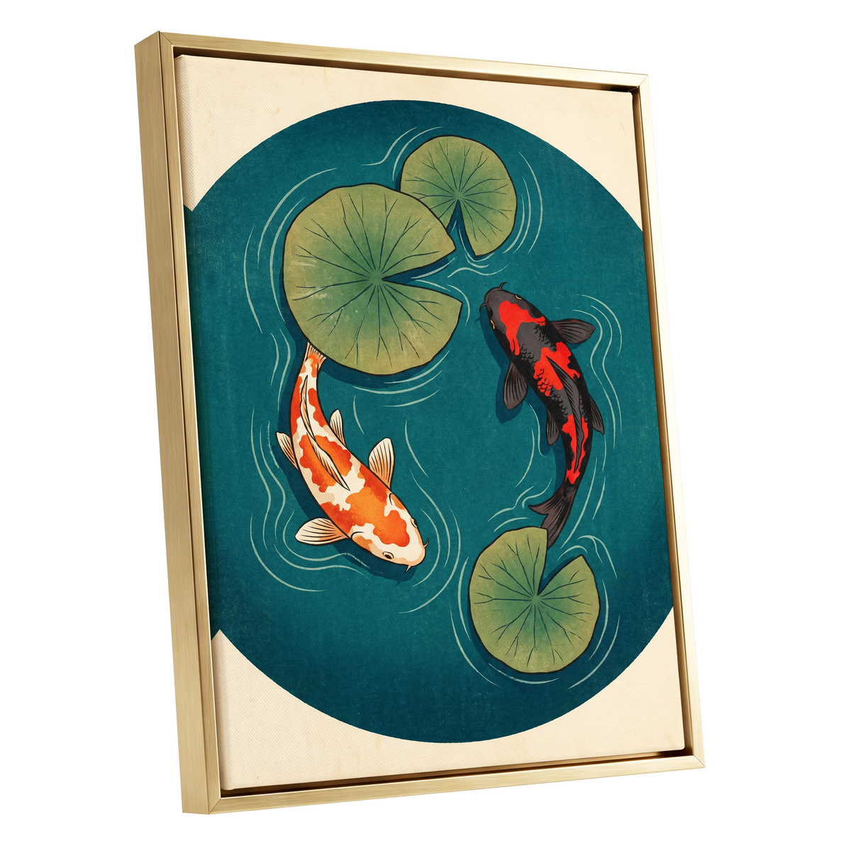 Koi in Quiet Waters, blue, green, beige nature wall art shown as a gold framed canvas wall art