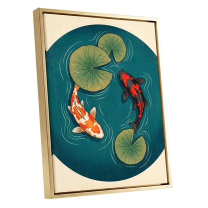 Koi in Quiet Waters, blue, green, beige nature wall art shown as a gold framed canvas wall art