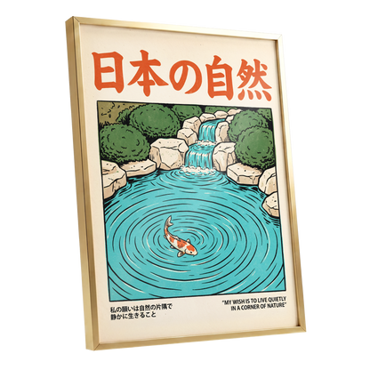 Koi in Quiet Waters, blue, green, beige nature wall art shown as a gold framed poster wall art print