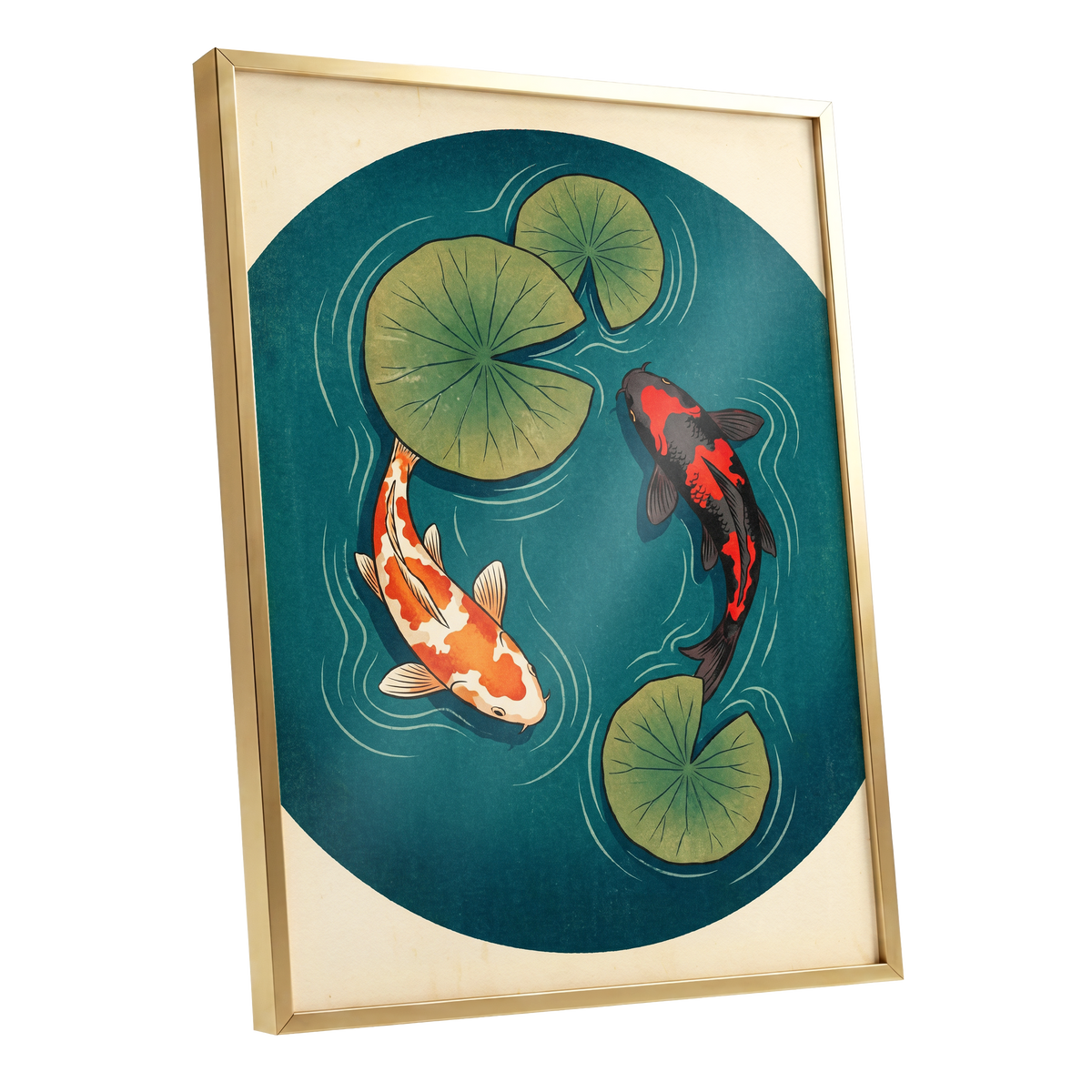 Koi in Quiet Waters, blue, green, beige nature wall art shown as a gold framed poster wall art print