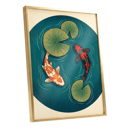 Koi in Quiet Waters, blue, green, beige nature wall art shown as a gold framed poster wall art print