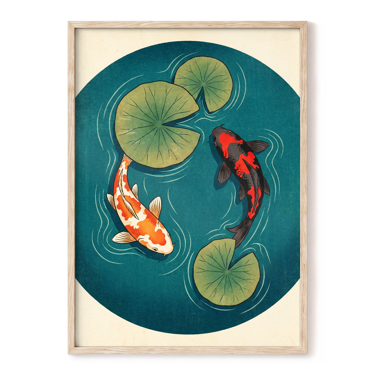 Koi in Quiet Waters, blue, green, beige nature wall art, front artwork view