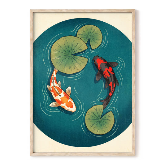 Koi in Quiet Waters, blue, green, beige nature wall art, front artwork view