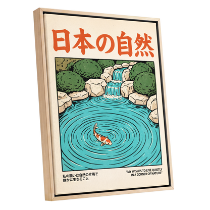 Koi in Quiet Waters, blue, green, beige nature wall art shown as a oak framed canvas wall art