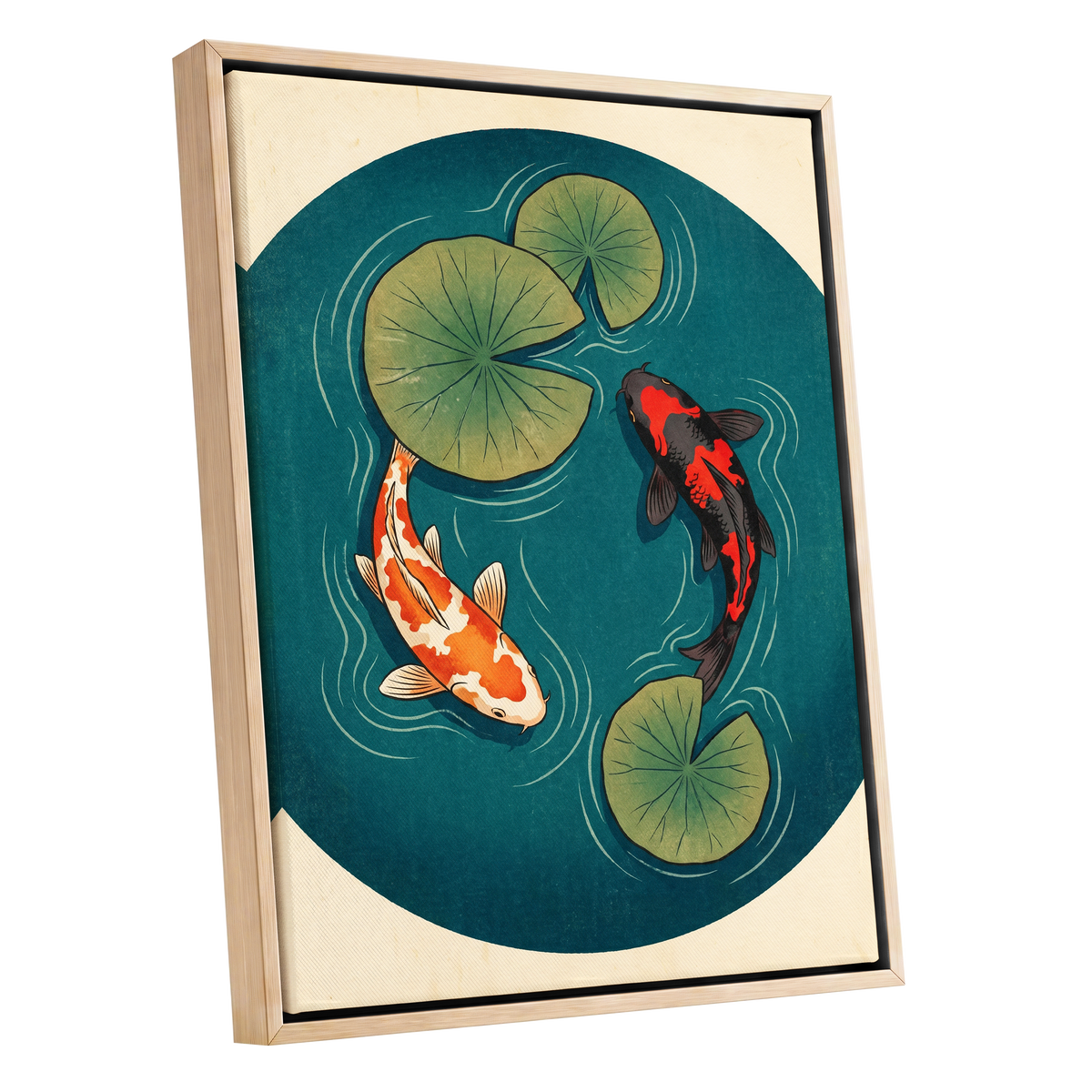 Koi in Quiet Waters, blue, green, beige nature wall art shown as a oak framed canvas wall art