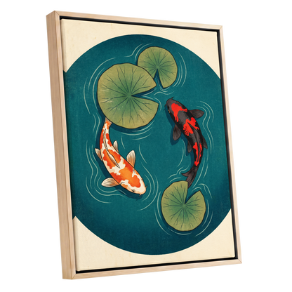 Koi in Quiet Waters, blue, green, beige nature wall art shown as a oak framed canvas wall art