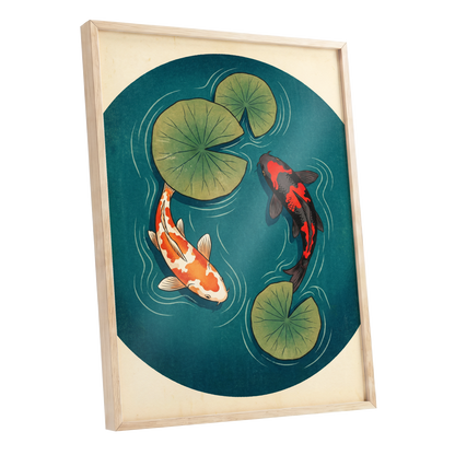 Koi in Quiet Waters, blue, green, beige nature wall art shown as a oak framed poster wall art print