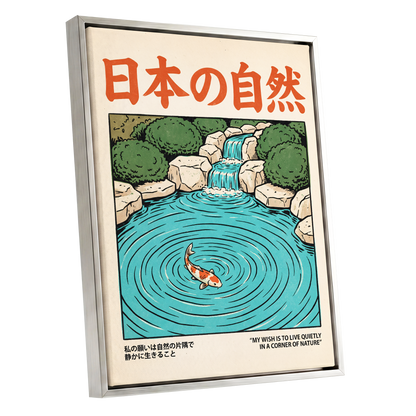 Koi in Quiet Waters, blue, green, beige nature wall art shown as a silver framed canvas wall art