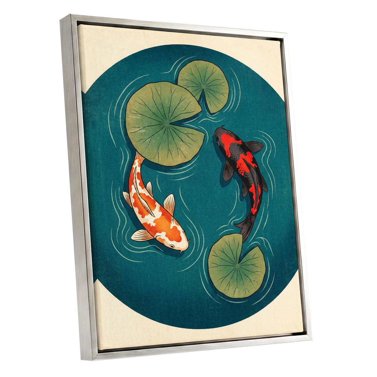 Koi in Quiet Waters, blue, green, beige nature wall art shown as a silver framed canvas wall art