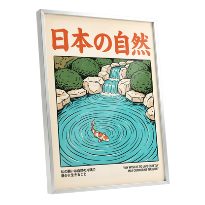 Koi in Quiet Waters, blue, green, beige nature wall art shown as a silver framed poster wall art print