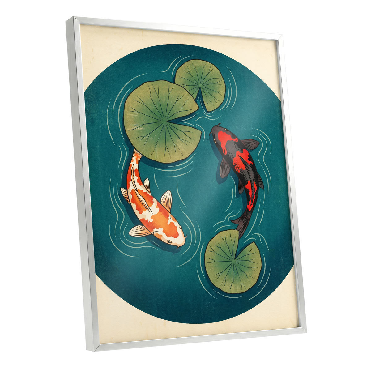 Koi in Quiet Waters, blue, green, beige nature wall art shown as a silver framed poster wall art print
