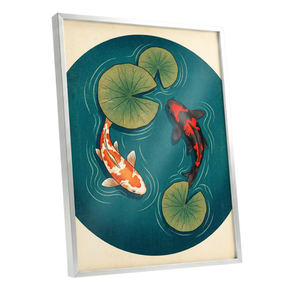 Koi in Quiet Waters, blue, green, beige nature wall art shown as a silver framed poster wall art print