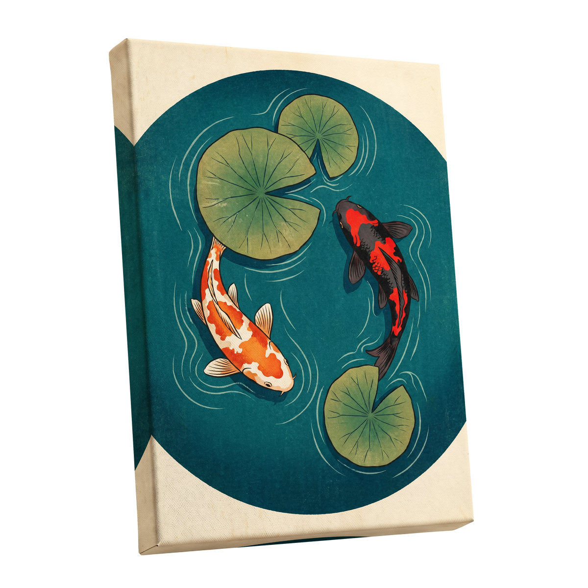 Koi in Quiet Waters, blue, green, beige nature wall art shown as a stretched canvas wall art