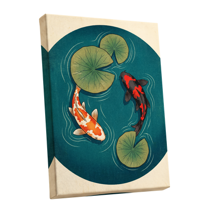 Koi in Quiet Waters, blue, green, beige nature wall art shown as a stretched canvas wall art