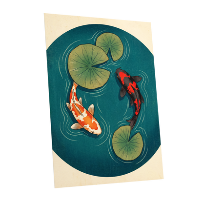 Koi in Quiet Waters, blue, green, beige nature wall art shown as a unframed poster wall art print