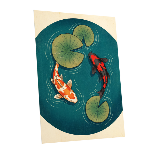 Koi in Quiet Waters, blue, green, beige nature wall art shown as a unframed poster wall art print
