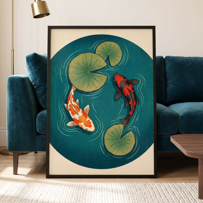 Koi in Quiet Waters, blue, green, beige nature wall art displayed in a styled interior, gallery view 2
