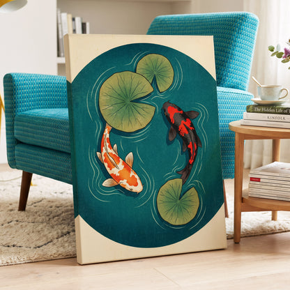 Koi in Quiet Waters, blue, green, beige nature wall art displayed in a styled interior, gallery view 3