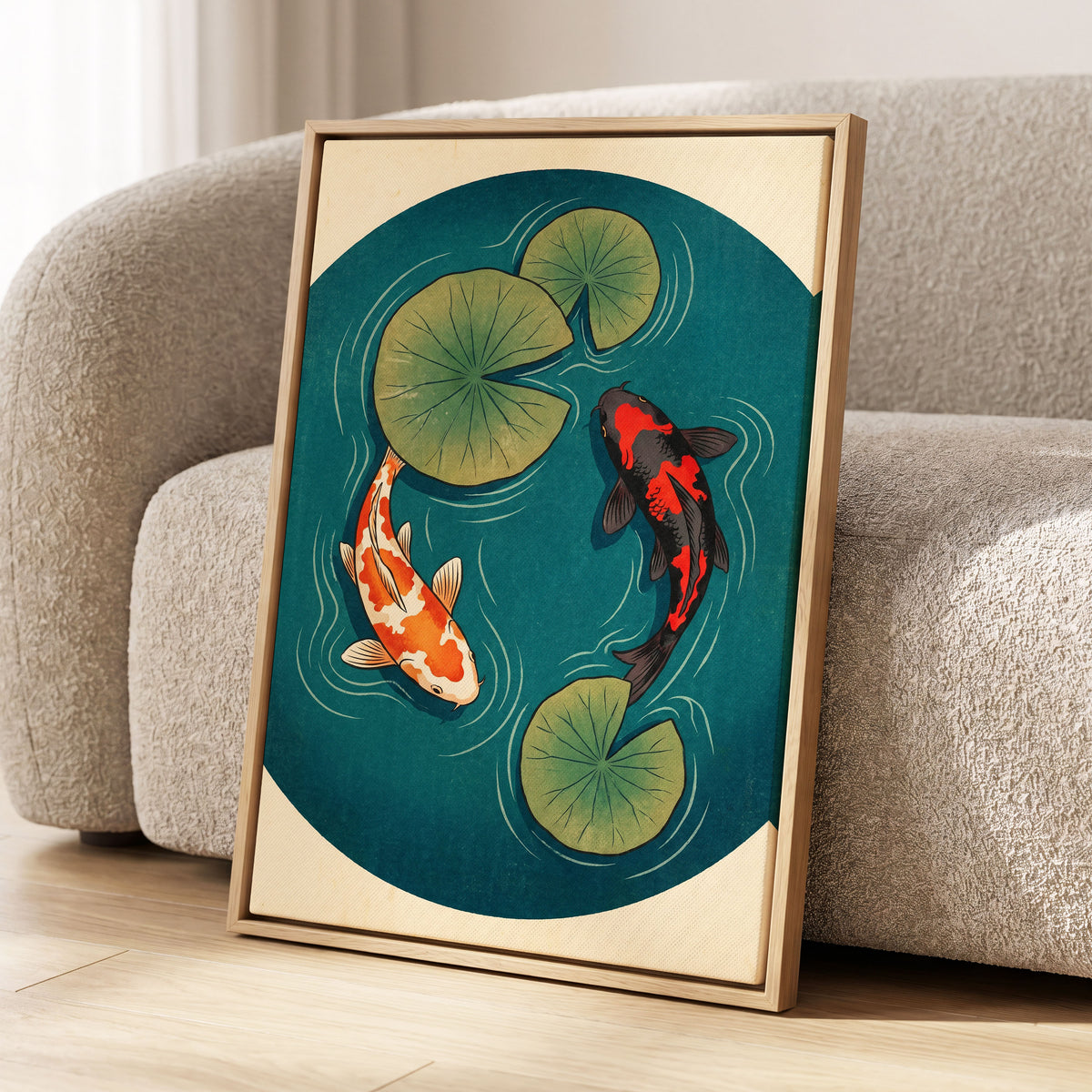 Koi in Quiet Waters, blue, green, beige nature wall art displayed in a styled interior, gallery view 4