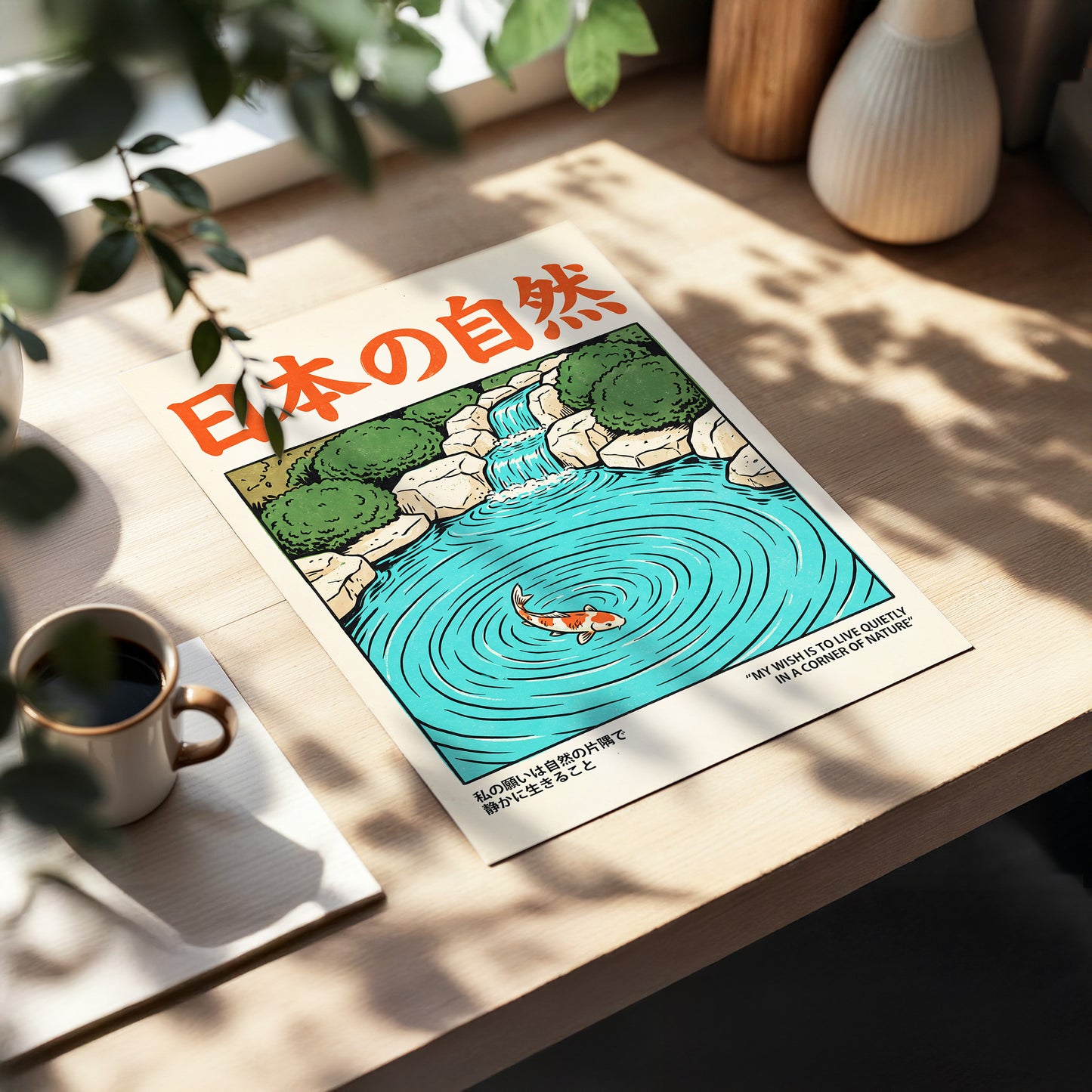 Koi in Quiet Waters, blue, green, beige nature wall art displayed in a styled interior, gallery view 5