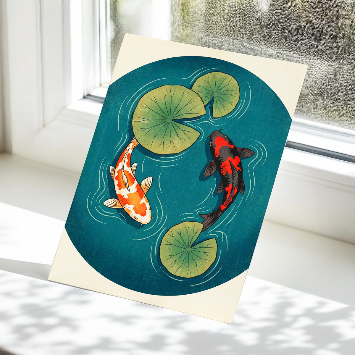 Koi in Quiet Waters, blue, green, beige nature wall art displayed in a styled interior, gallery view 5