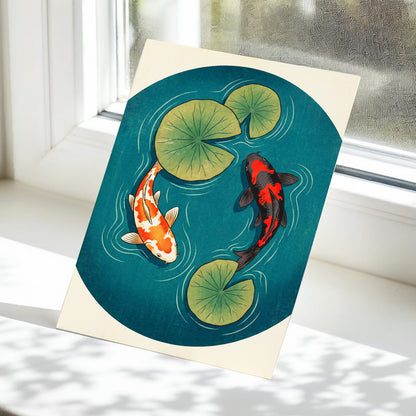 Koi in Quiet Waters, blue, green, beige nature wall art displayed in a styled interior, gallery view 5