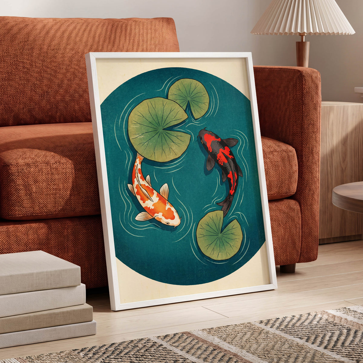 Koi in Quiet Waters, blue, green, beige nature wall art displayed in a styled interior, gallery view 6