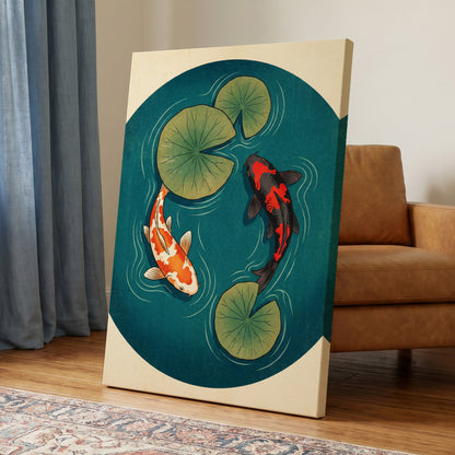 Koi in Quiet Waters, blue, green, beige nature wall art displayed in a styled interior, gallery view 7
