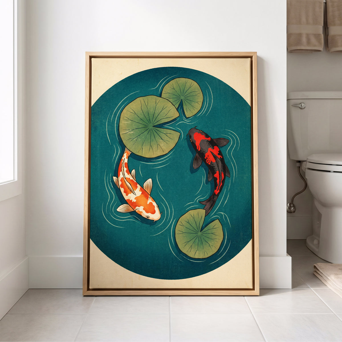 Koi in Quiet Waters, blue, green, beige nature wall art displayed in a styled interior, gallery view 8