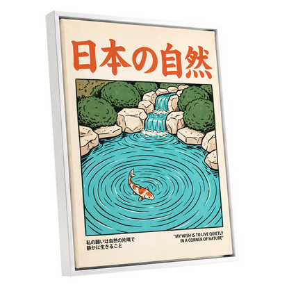 Koi in Quiet Waters, blue, green, beige nature wall art shown as a white framed canvas wall art