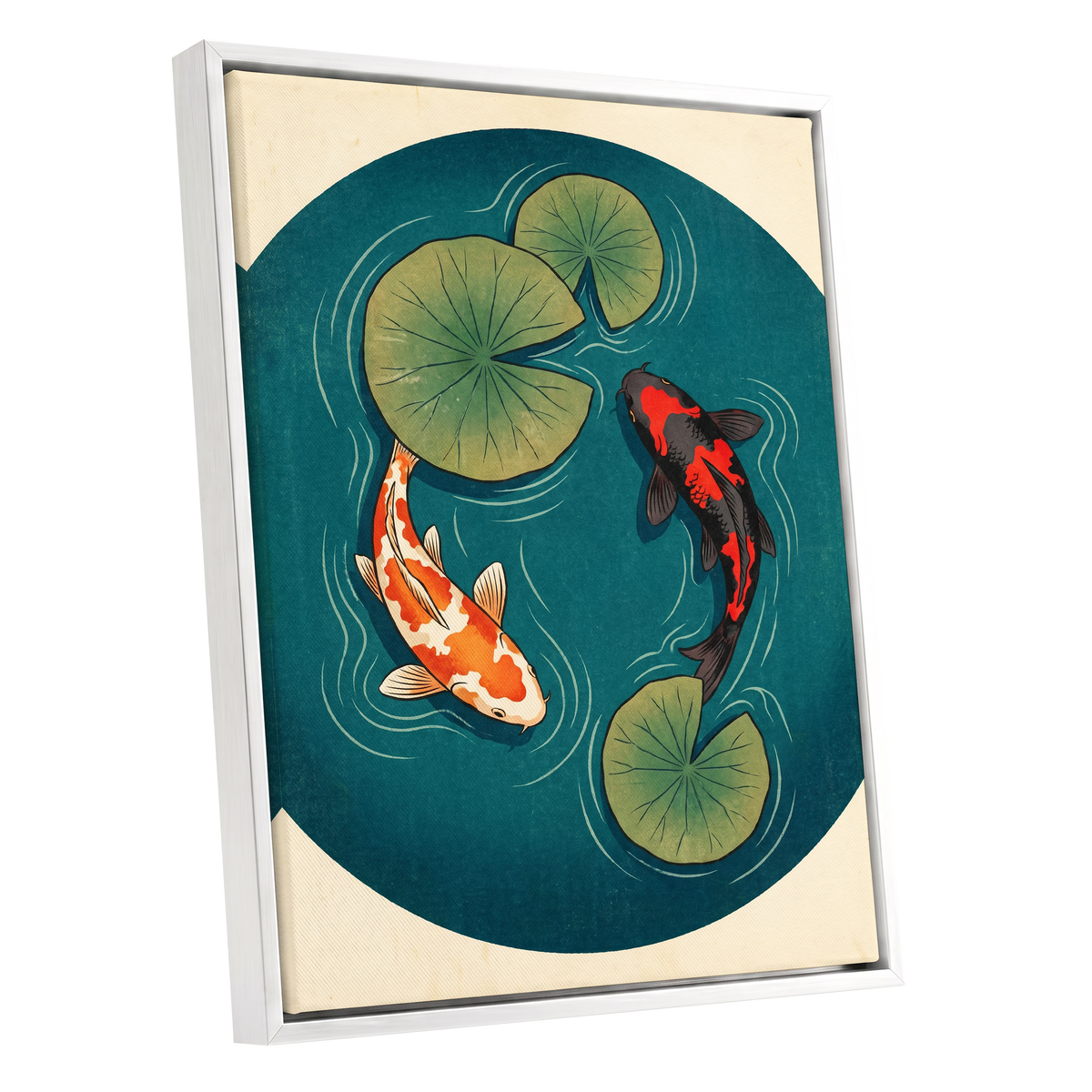 Koi in Quiet Waters, blue, green, beige nature wall art shown as a white framed canvas wall art