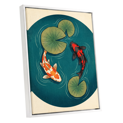 Koi in Quiet Waters, blue, green, beige nature wall art shown as a white framed canvas wall art