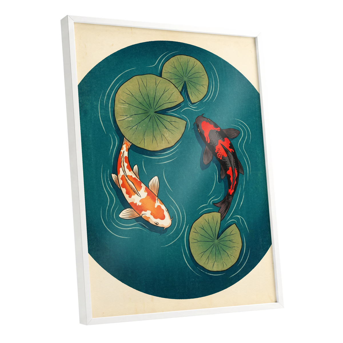 Koi in Quiet Waters, blue, green, beige nature wall art shown as a white framed poster wall art print
