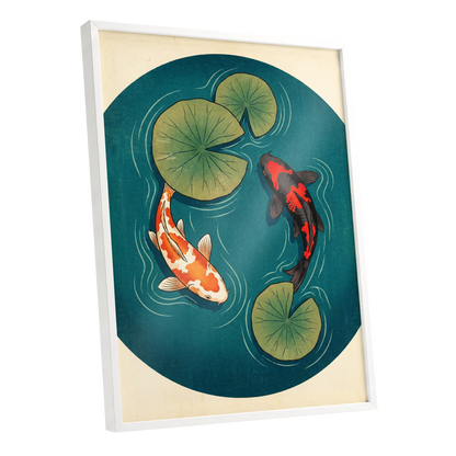 Koi in Quiet Waters, blue, green, beige nature wall art shown as a white framed poster wall art print