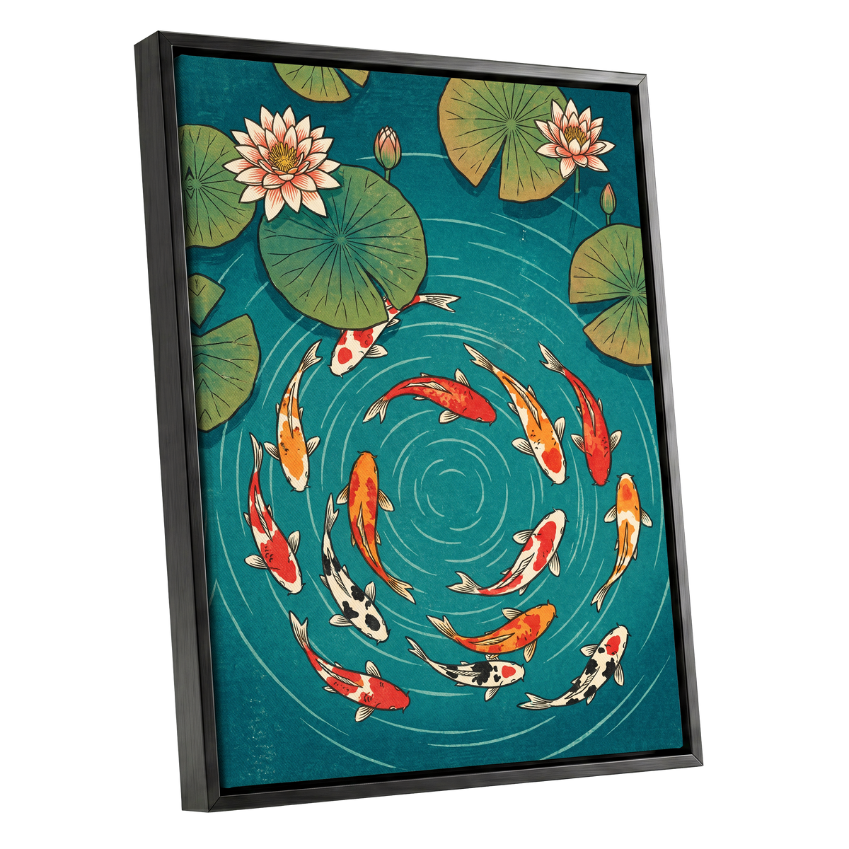 Koi in Rippling Blue, blue, green, red nature wall art shown as a black framed canvas wall art