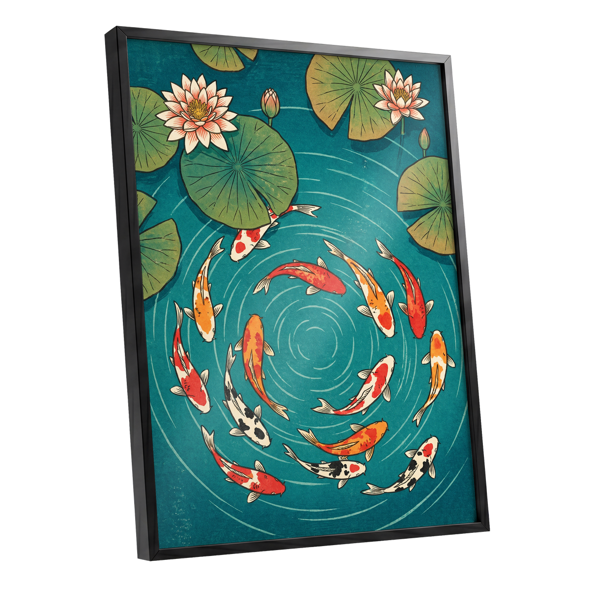 Koi in Rippling Blue, blue, green, red nature wall art shown as a black framed poster wall art print