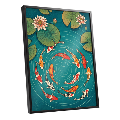 Koi in Rippling Blue, blue, green, red nature wall art shown as a black framed poster wall art print