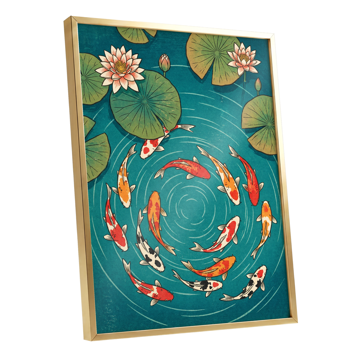 Koi in Rippling Blue, blue, green, red nature wall art shown as a gold framed poster wall art print
