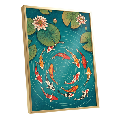 Koi in Rippling Blue, blue, green, red nature wall art shown as a gold framed poster wall art print