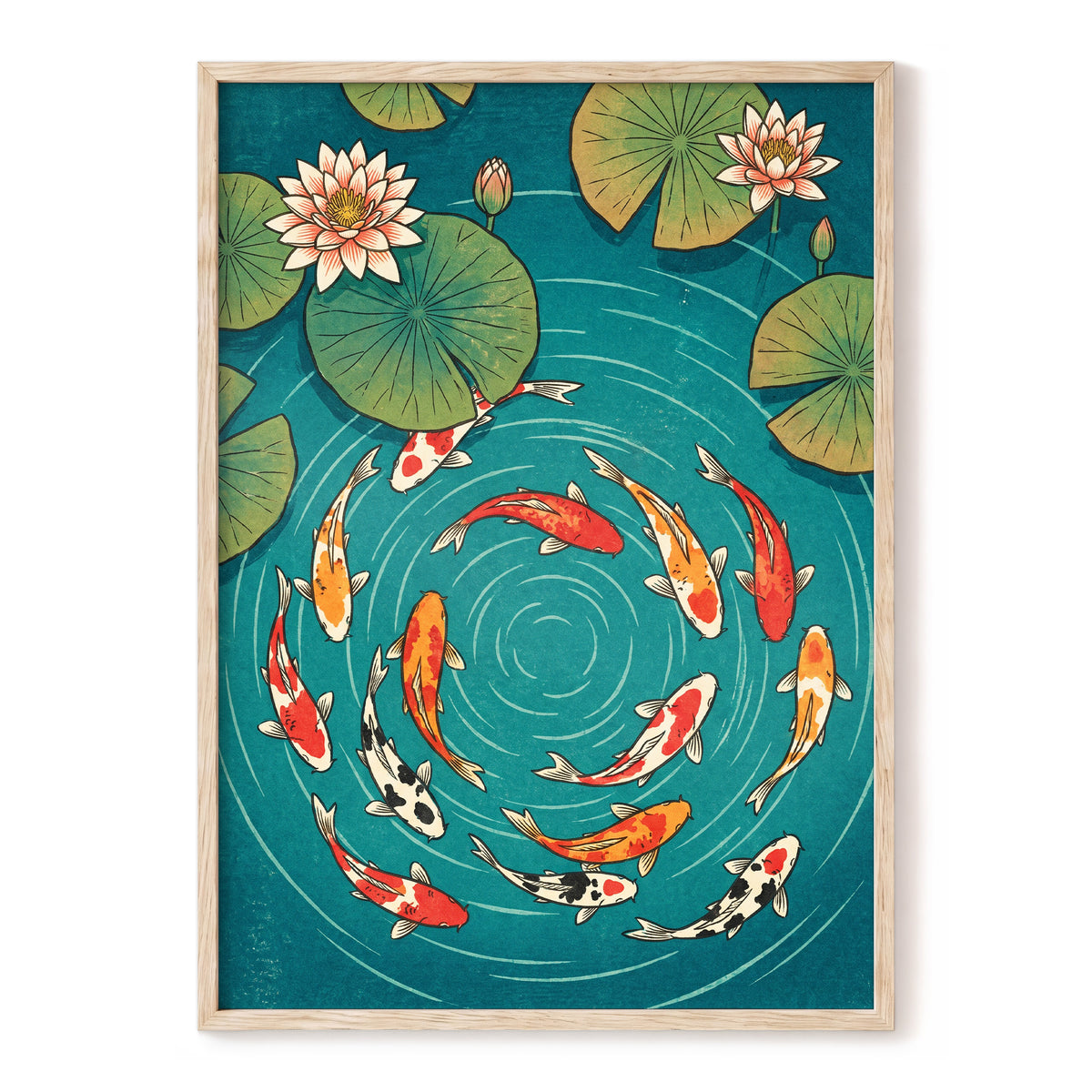 Koi in Rippling Blue, blue, green, red nature wall art, front artwork view
