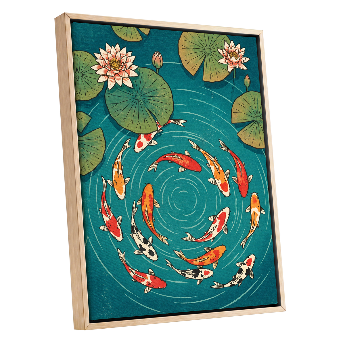 Koi in Rippling Blue, blue, green, red nature wall art shown as a oak framed canvas wall art