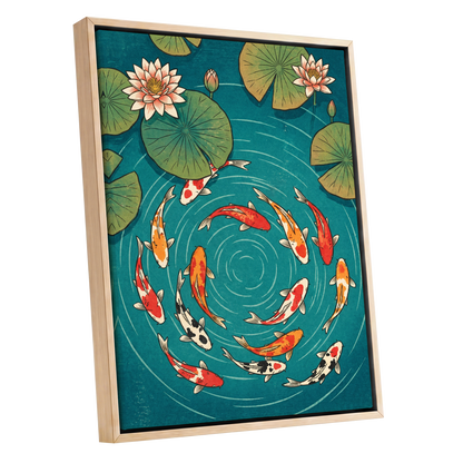 Koi in Rippling Blue, blue, green, red nature wall art shown as a oak framed canvas wall art