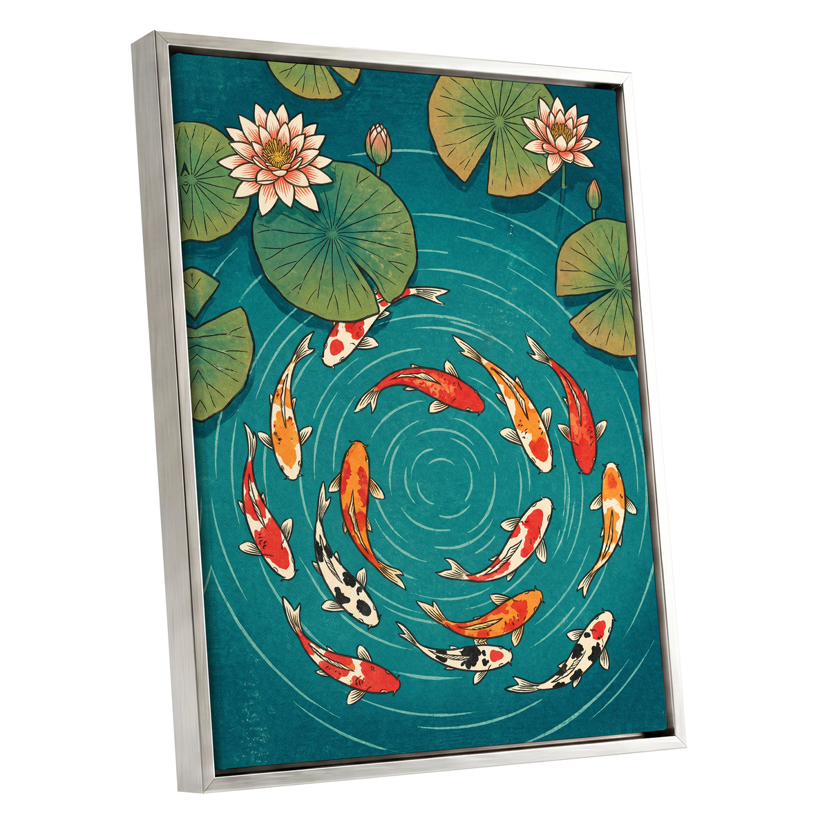 Koi in Rippling Blue, blue, green, red nature wall art shown as a silver framed canvas wall art