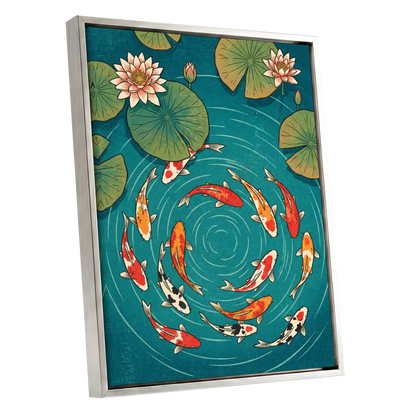 Koi in Rippling Blue, blue, green, red nature wall art shown as a silver framed canvas wall art