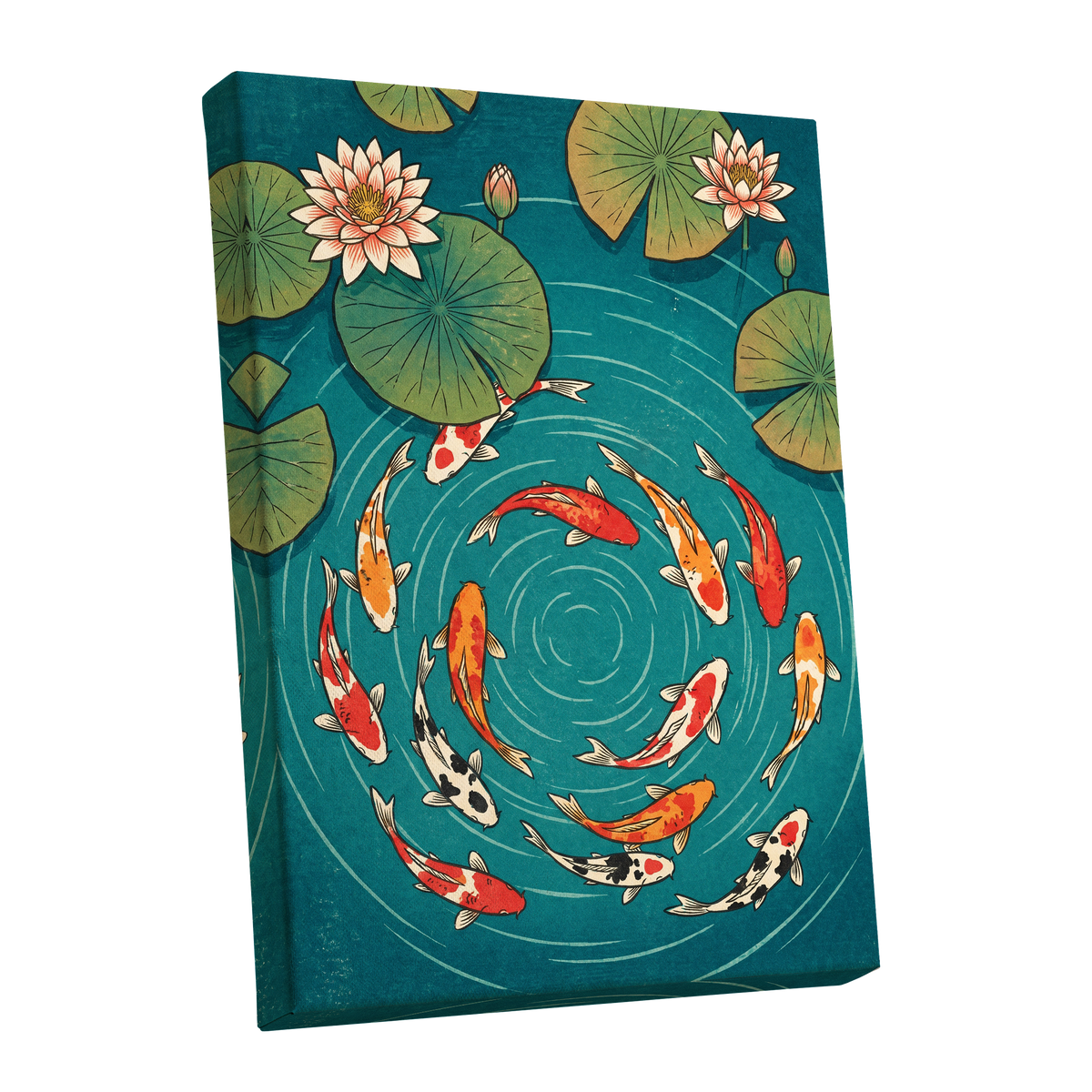 Koi in Rippling Blue, blue, green, red nature wall art shown as a stretched canvas wall art