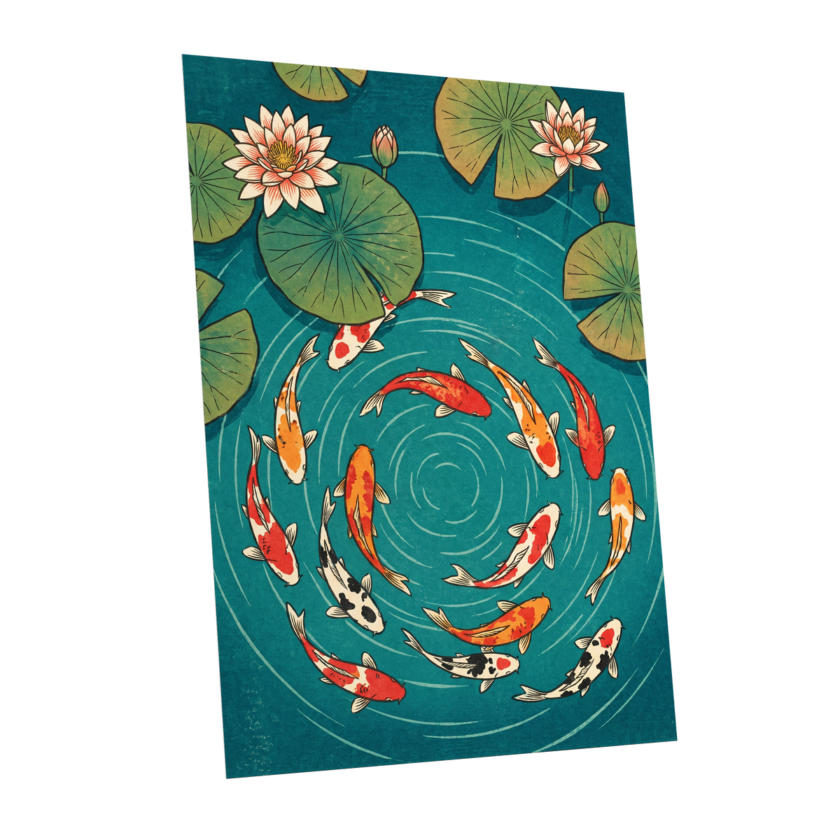 Koi in Rippling Blue, blue, green, red nature wall art shown as a unframed poster wall art print