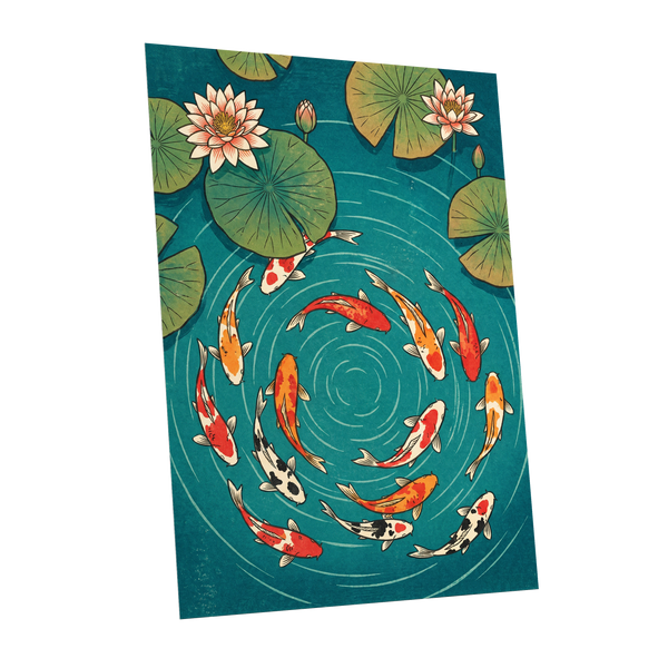 Koi in Rippling Blue, blue, green, red nature wall art shown as a unframed poster wall art print