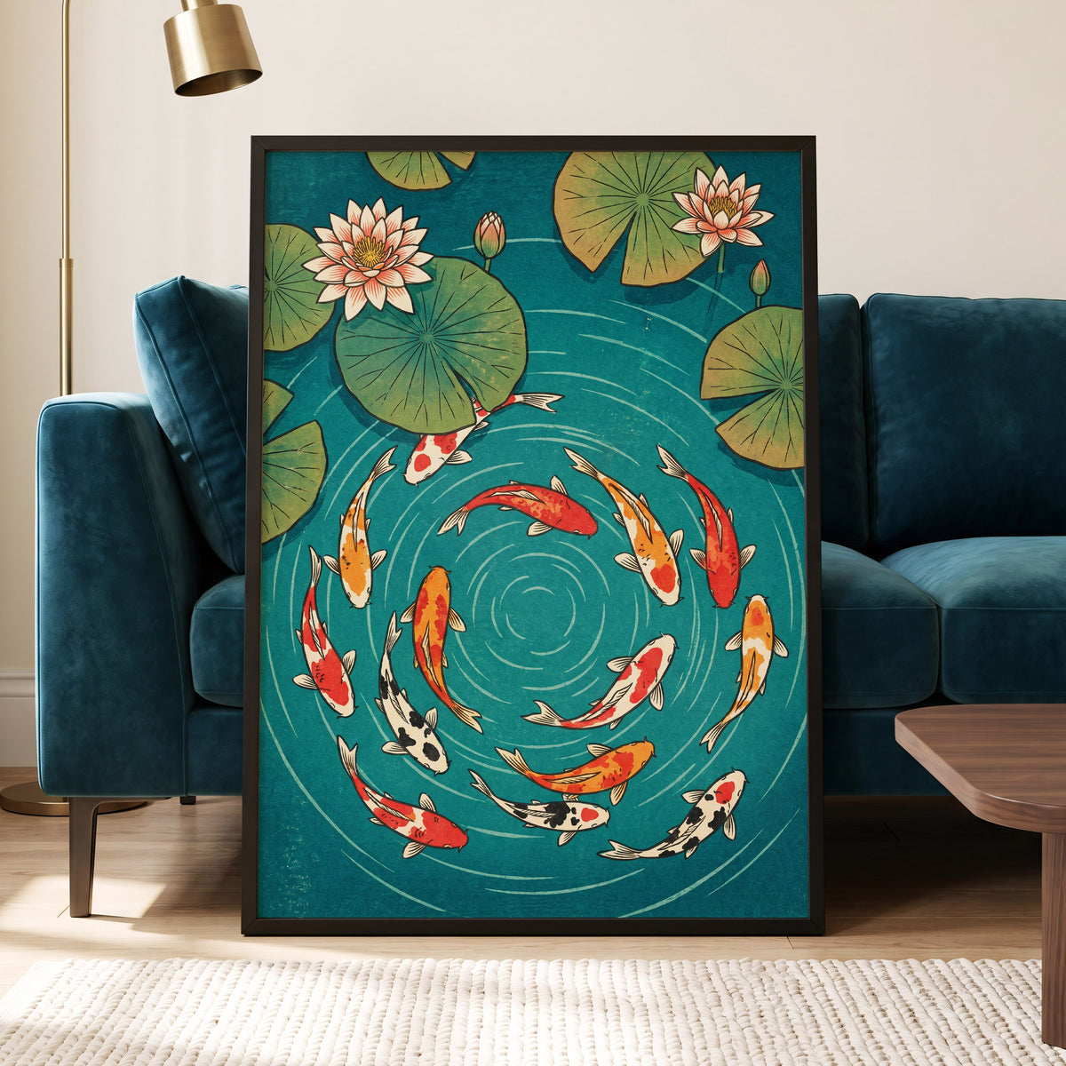 Koi in Rippling Blue, blue, green, red nature wall art displayed in a styled interior, gallery view 2
