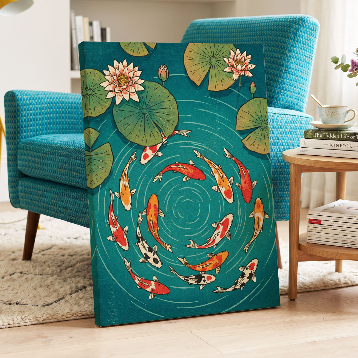 Koi in Rippling Blue, blue, green, red nature wall art displayed in a styled interior, gallery view 3