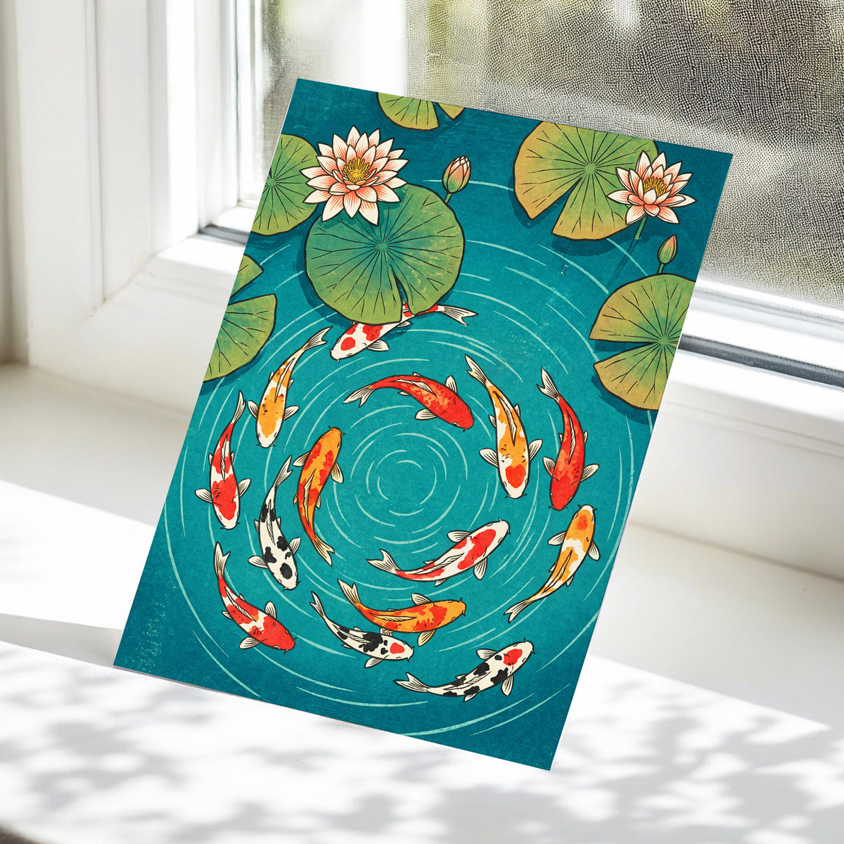Koi in Rippling Blue, blue, green, red nature wall art displayed in a styled interior, gallery view 5